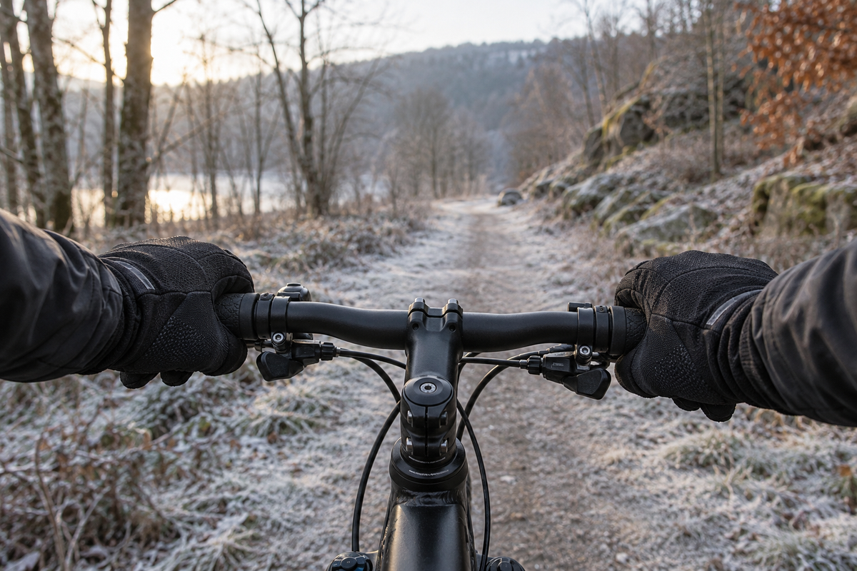 Gants longs de cyclisme sur un guidon, devant un chemin en hiver.