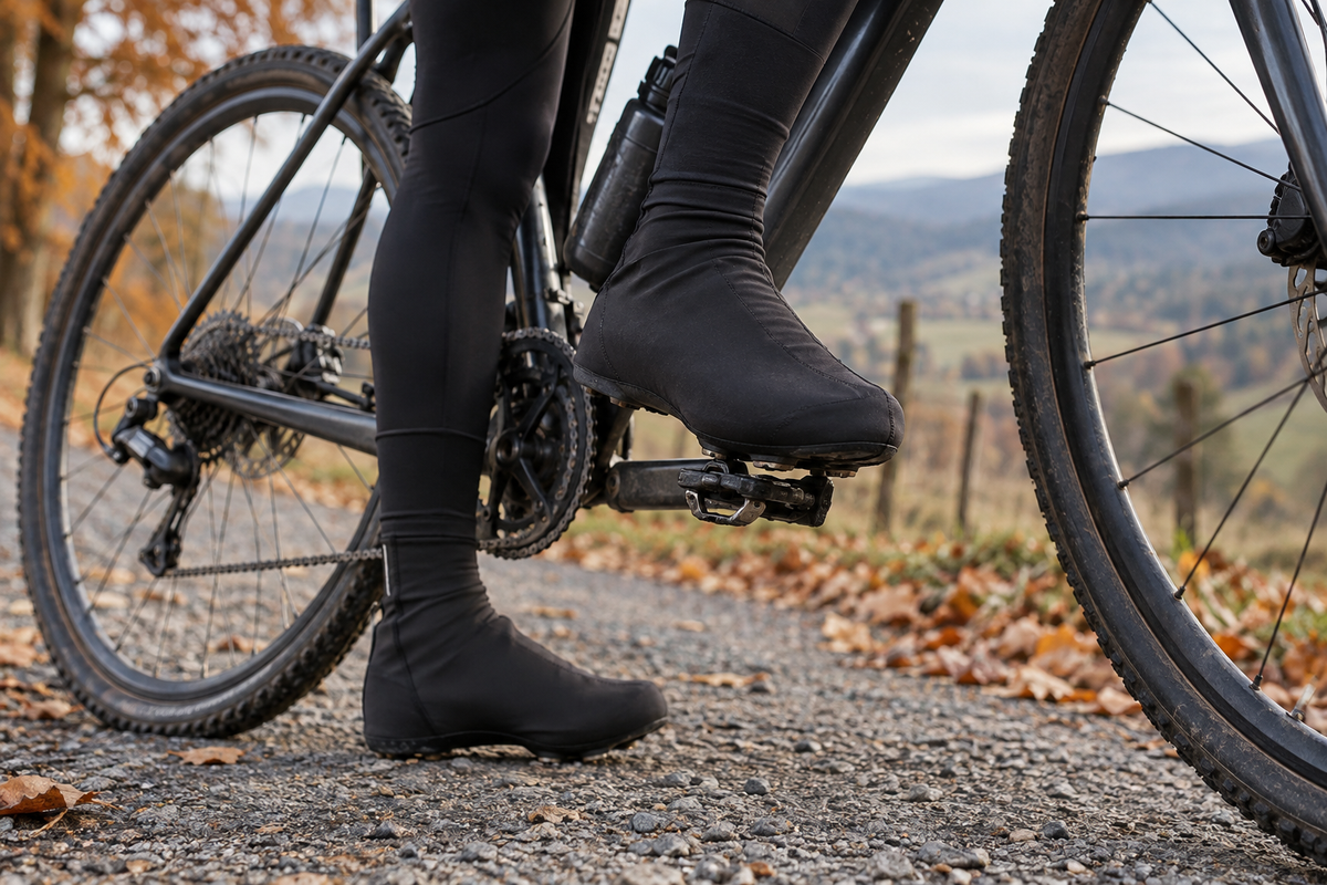Couvre-chaussures de vélo portés par un cycliste à l’arrêt en automne.