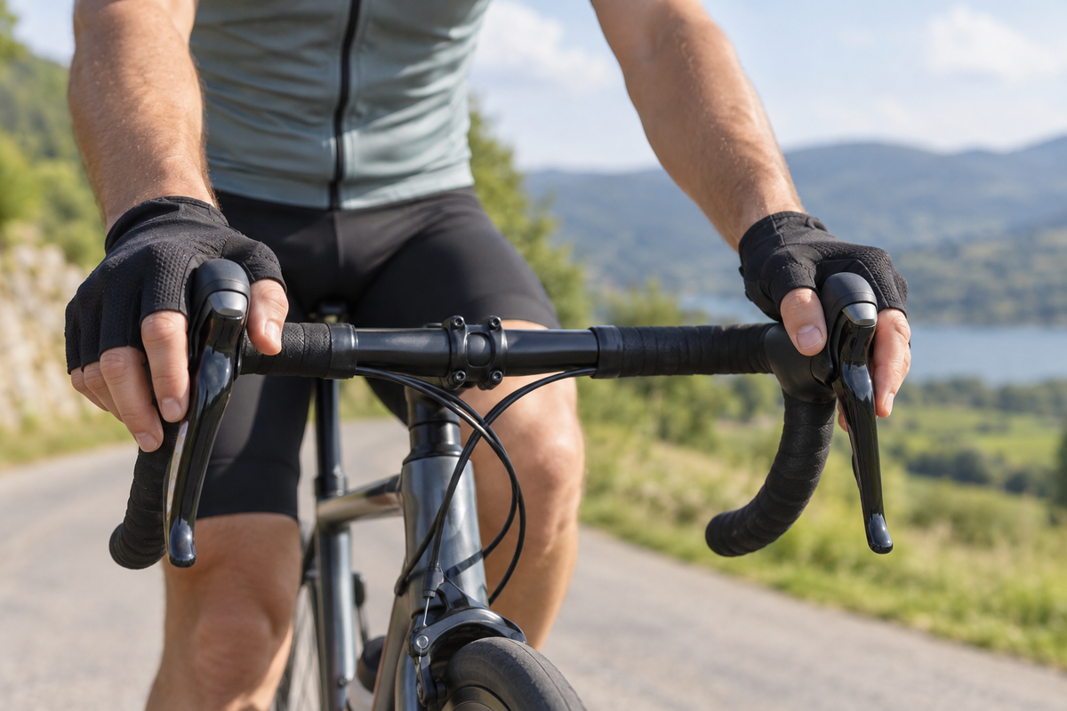 Mains portant des gants courts de cyclisme posées sur les cocottes d’un guidon.