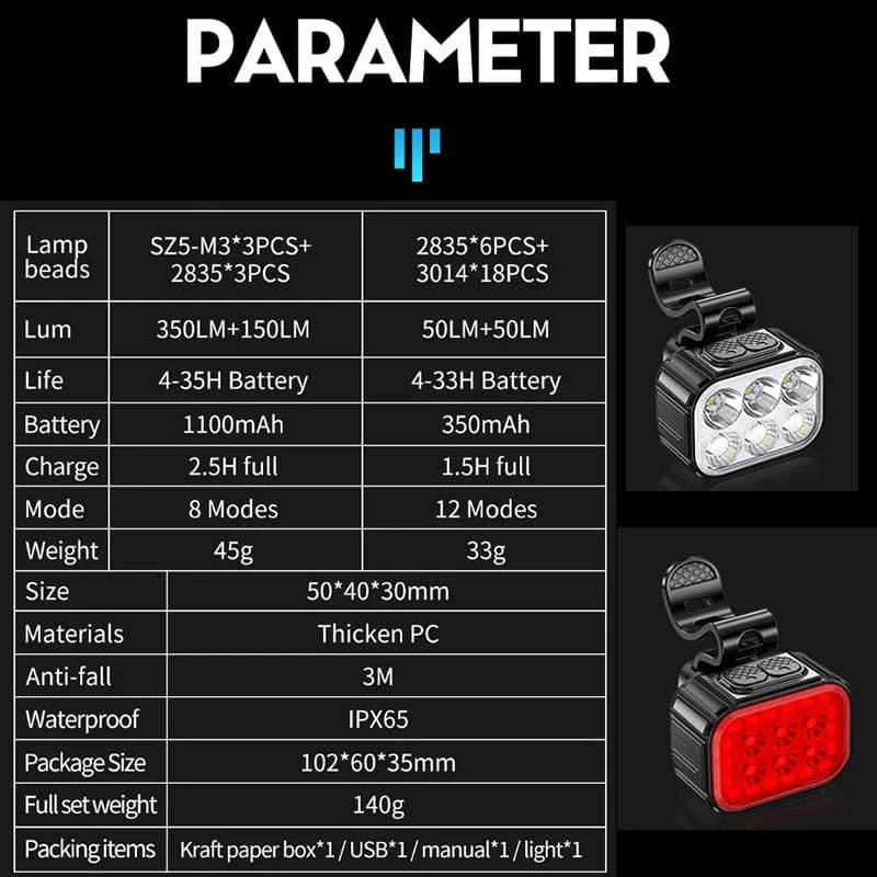 Kit Lumière Vélo Avant/Arrière – Rechargeable et Puissant