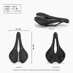 Dimensions de la selle R-3D : 250 × 150 mm, 270 g, rails 7 mm