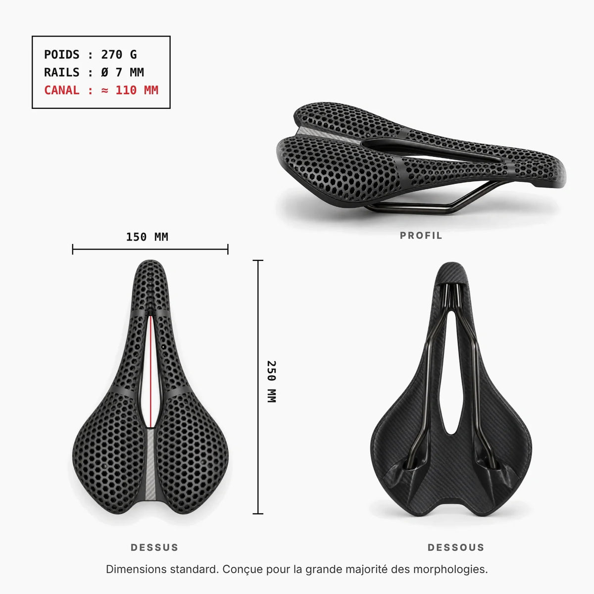 Dimensions de la selle R-3D : 250 × 150 mm, 270 g, rails 7 mm