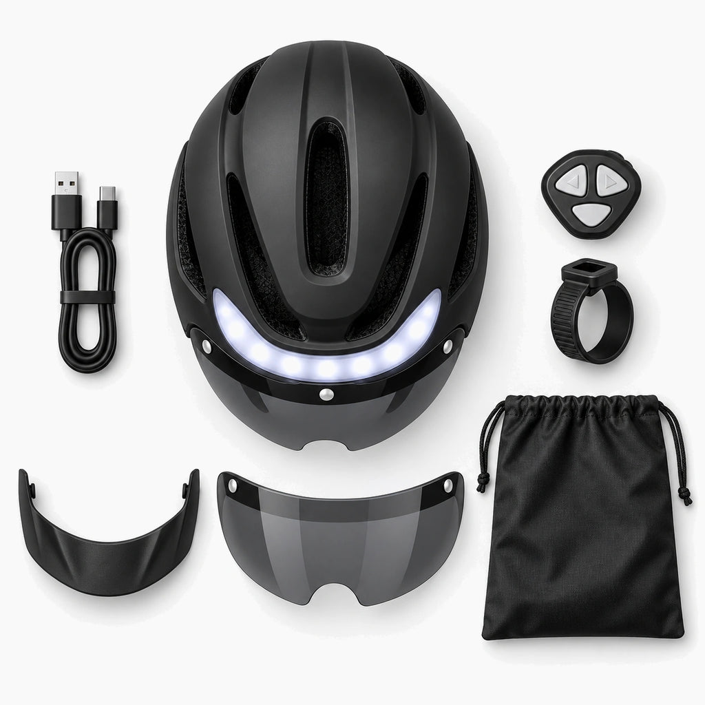 Contenu de la boîte : casque, télécommande, visière, pare-soleil, câble USB et sac