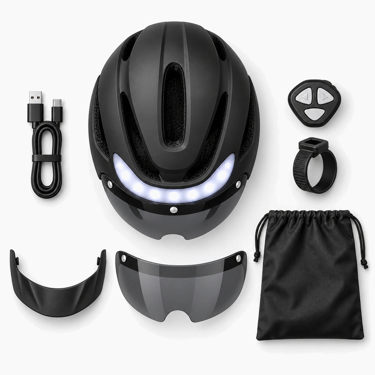 Contenu de la boîte : casque, télécommande, visière, pare-soleil, câble USB et sac