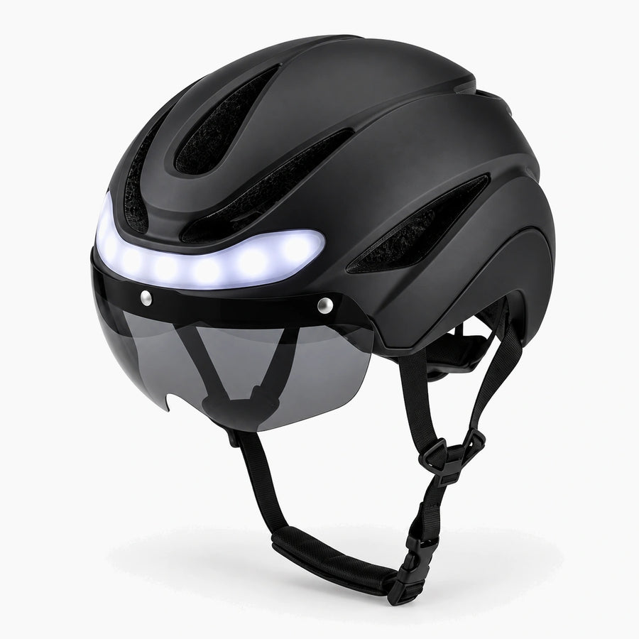 Casque vélo LED — éclairage avant, arrière et clignotants — Noir