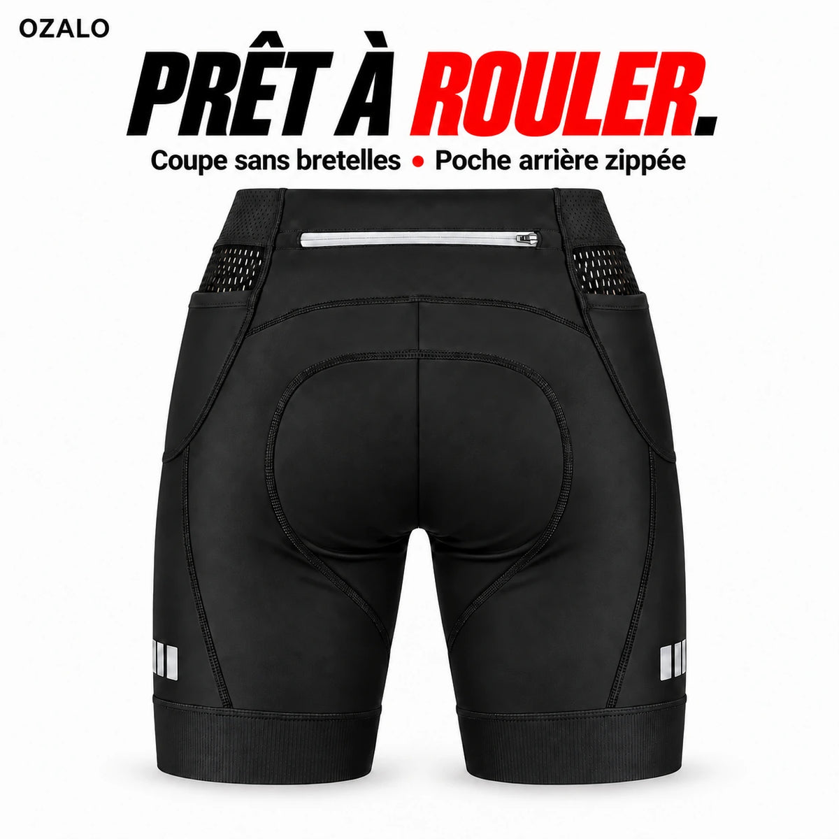 Vue arrière du cuissard OZALO, couture centrale et poche zippée