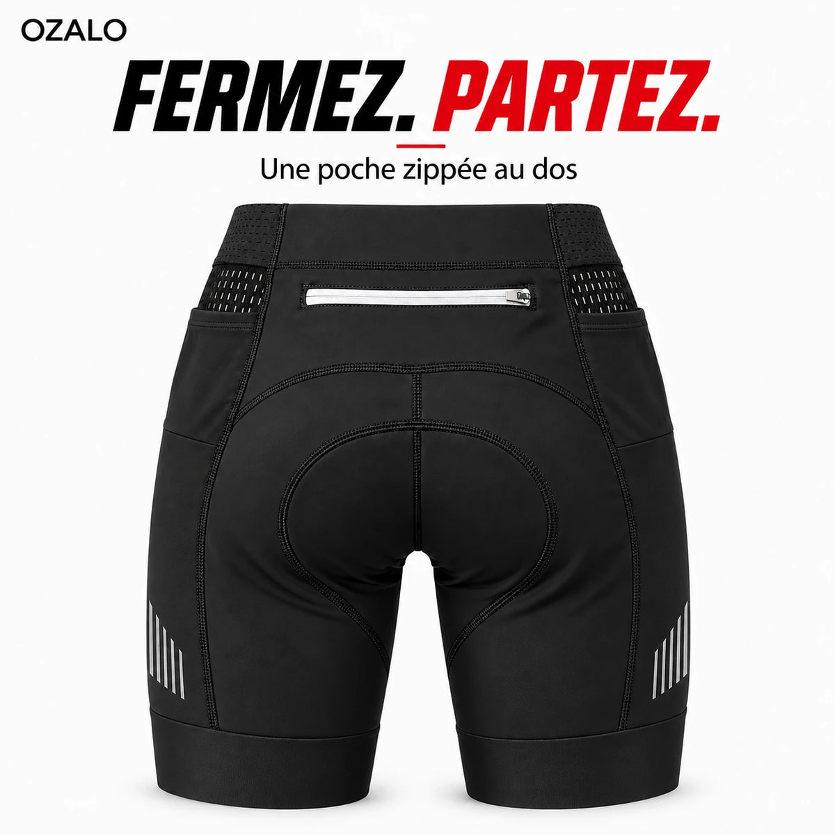 Poche arrière zippée et coupe longue du cuissard OZALO