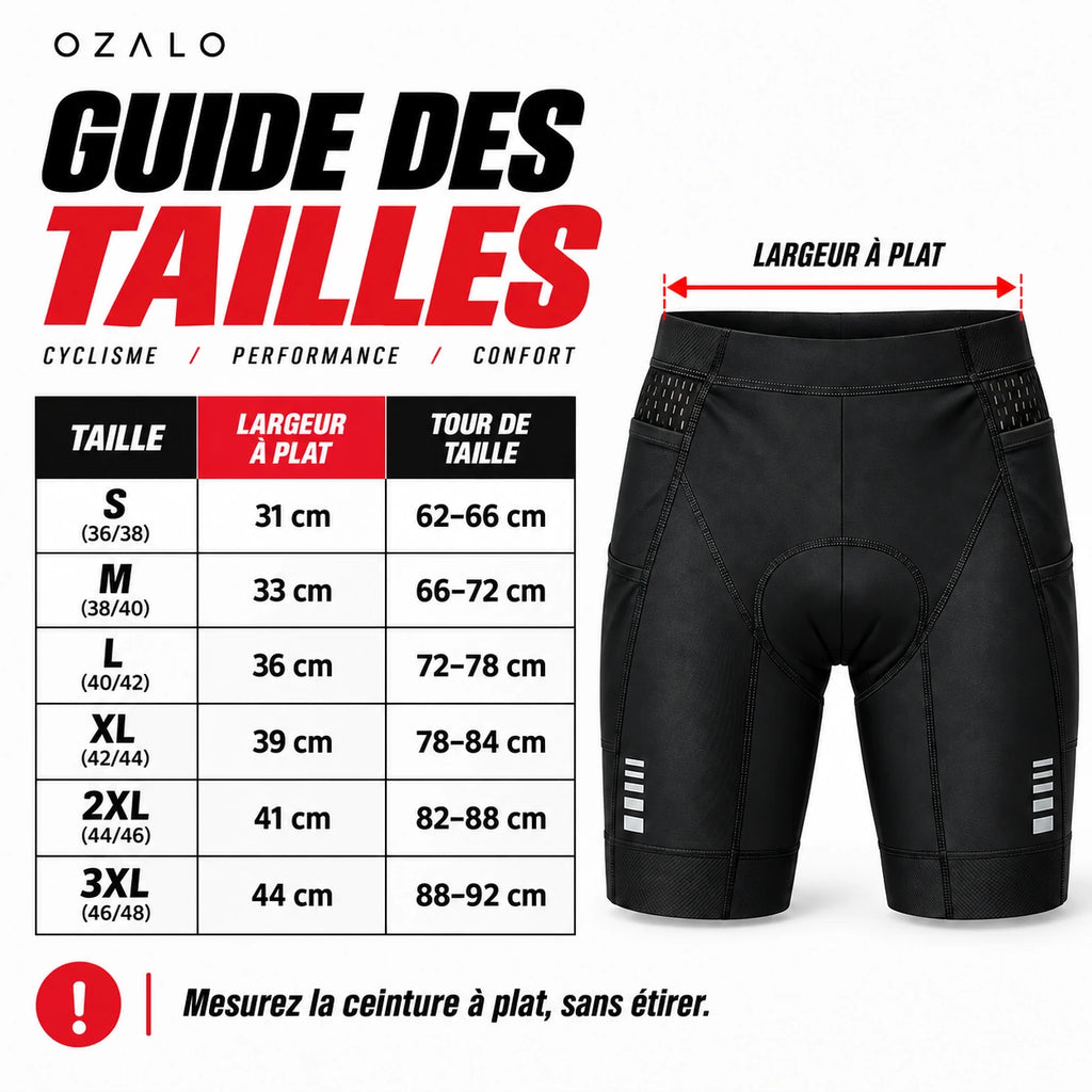 Guide des tailles du cuissard OZALO du S au 3XL