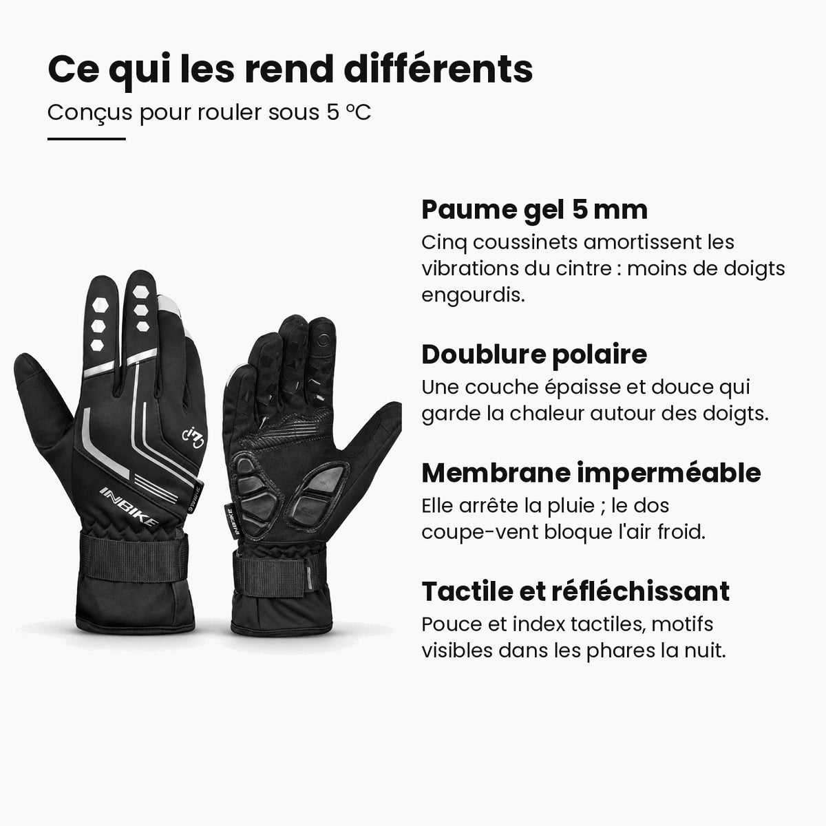 Gants vélo hiver gel 5 mm — imperméables, tactiles et réfléchissants