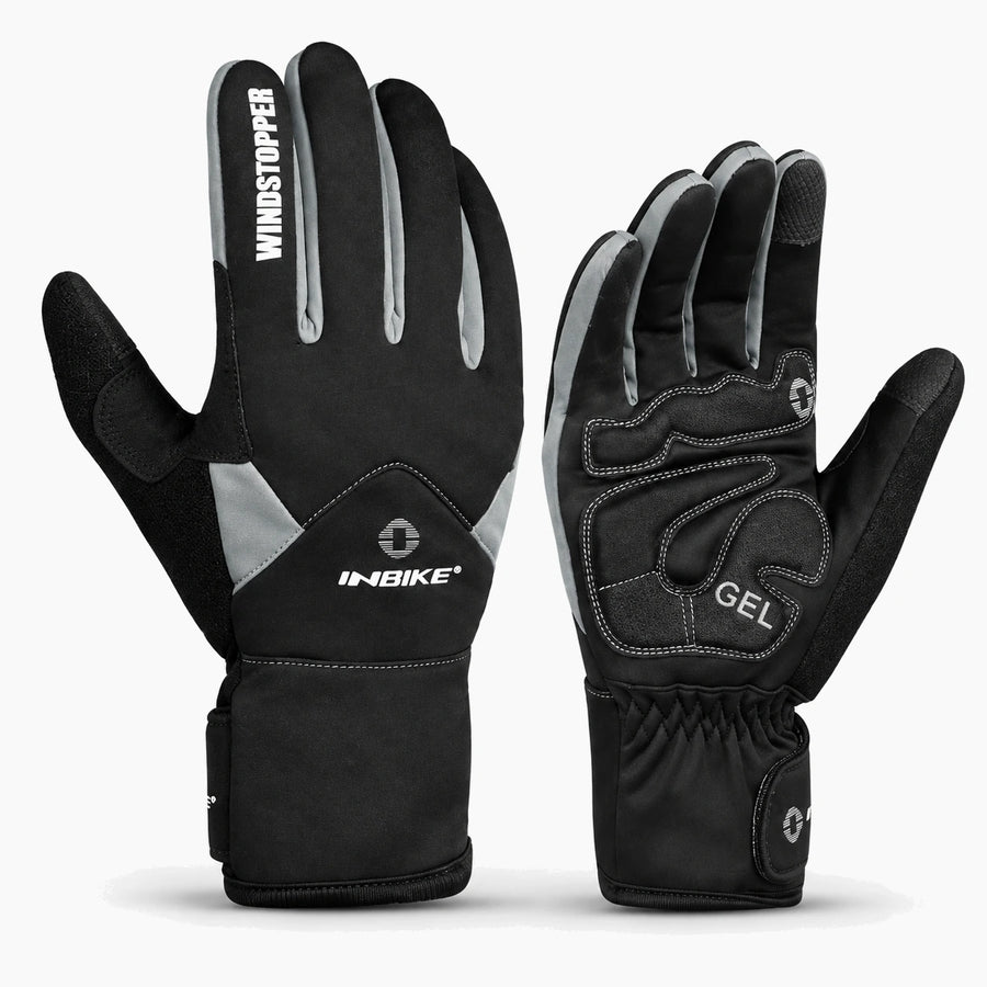 Gants vélo hiver rembourrés gel — coupe-vent, imperméables et tactiles — Noir et gris