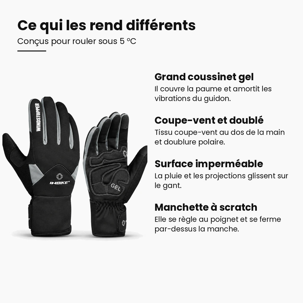 Gants vélo hiver rembourrés gel — coupe-vent, imperméables et tactiles