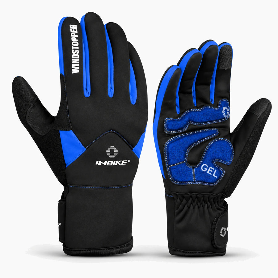 Gants vélo hiver rembourrés gel — coupe-vent, imperméables et tactiles — Noir et bleu