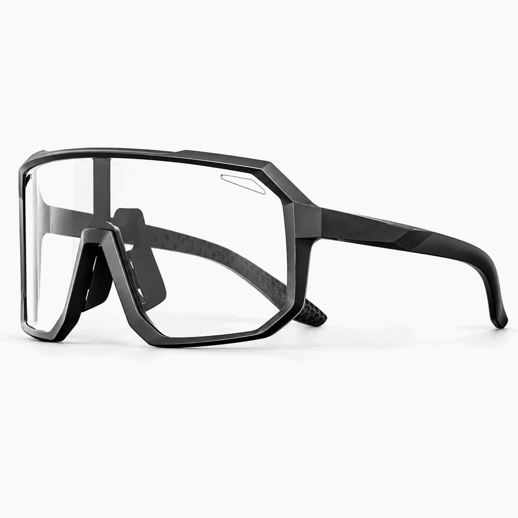 Lunettes vélo photochromiques noires, vue de trois-quarts