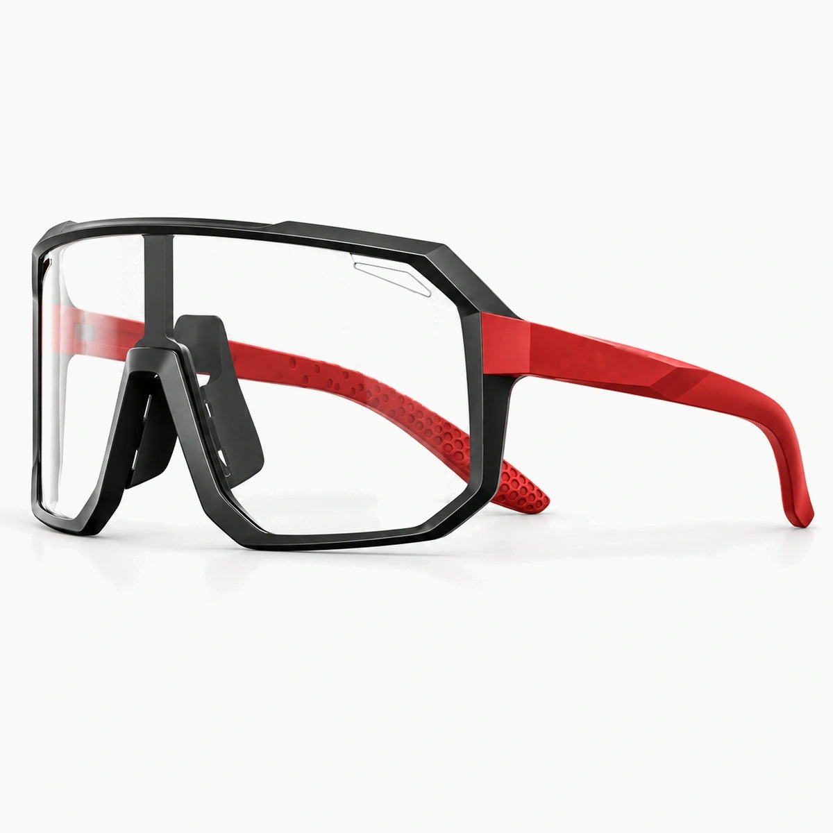 Lunettes vélo photochromiques noir et rouge, vue de trois-quarts