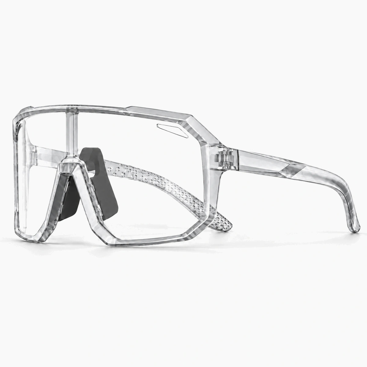 Lunettes vélo photochromiques transparentes, vue de trois-quarts