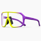 Lunettes vélo photochromiques violet et jaune fluo, vue de trois-quarts