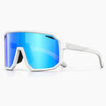 Lunettes vélo solaires blanches, écran miroir bleu, vue de trois-quarts