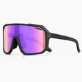 Lunettes vélo solaires noires, écran miroir violet, vue de trois-quarts