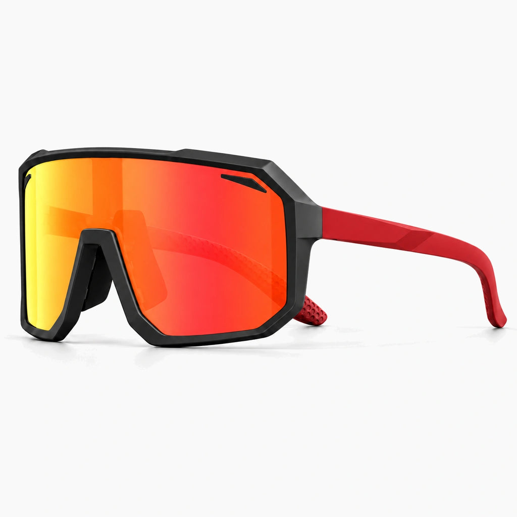 Lunettes vélo solaires noir et rouge, écran miroir rouge, vue de trois-quarts