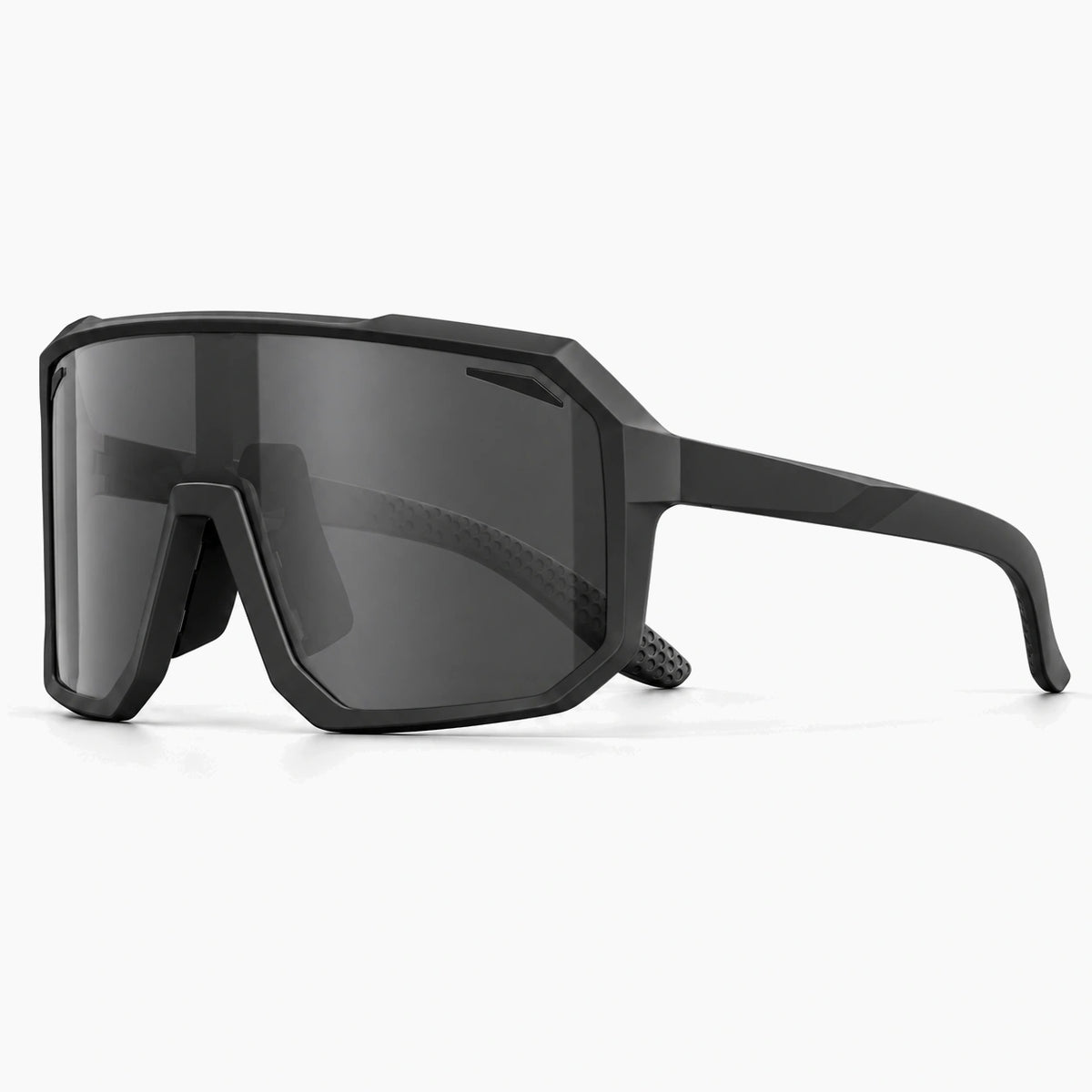 Lunettes vélo solaires noires, verre fumé, vue de trois-quarts