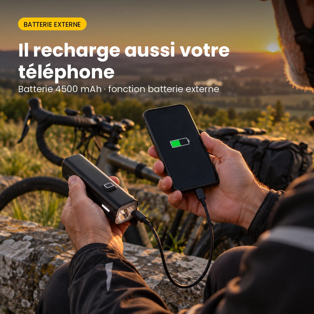 Phare vélo avant LED 1000 lumens rechargeable USB-C — batterie externe 4500 mAh