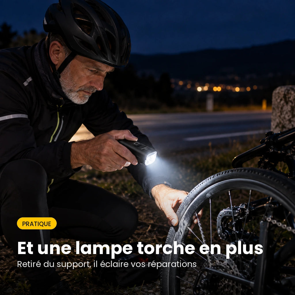 Phare vélo avant LED 1000 lumens rechargeable USB-C — batterie externe 4500 mAh