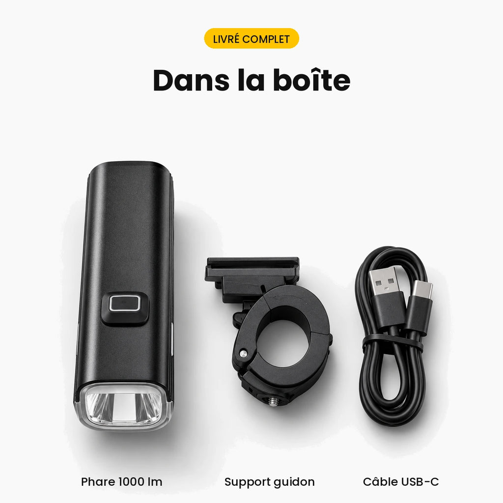 Phare vélo avant LED 1000 lumens rechargeable USB-C — batterie externe 4500 mAh